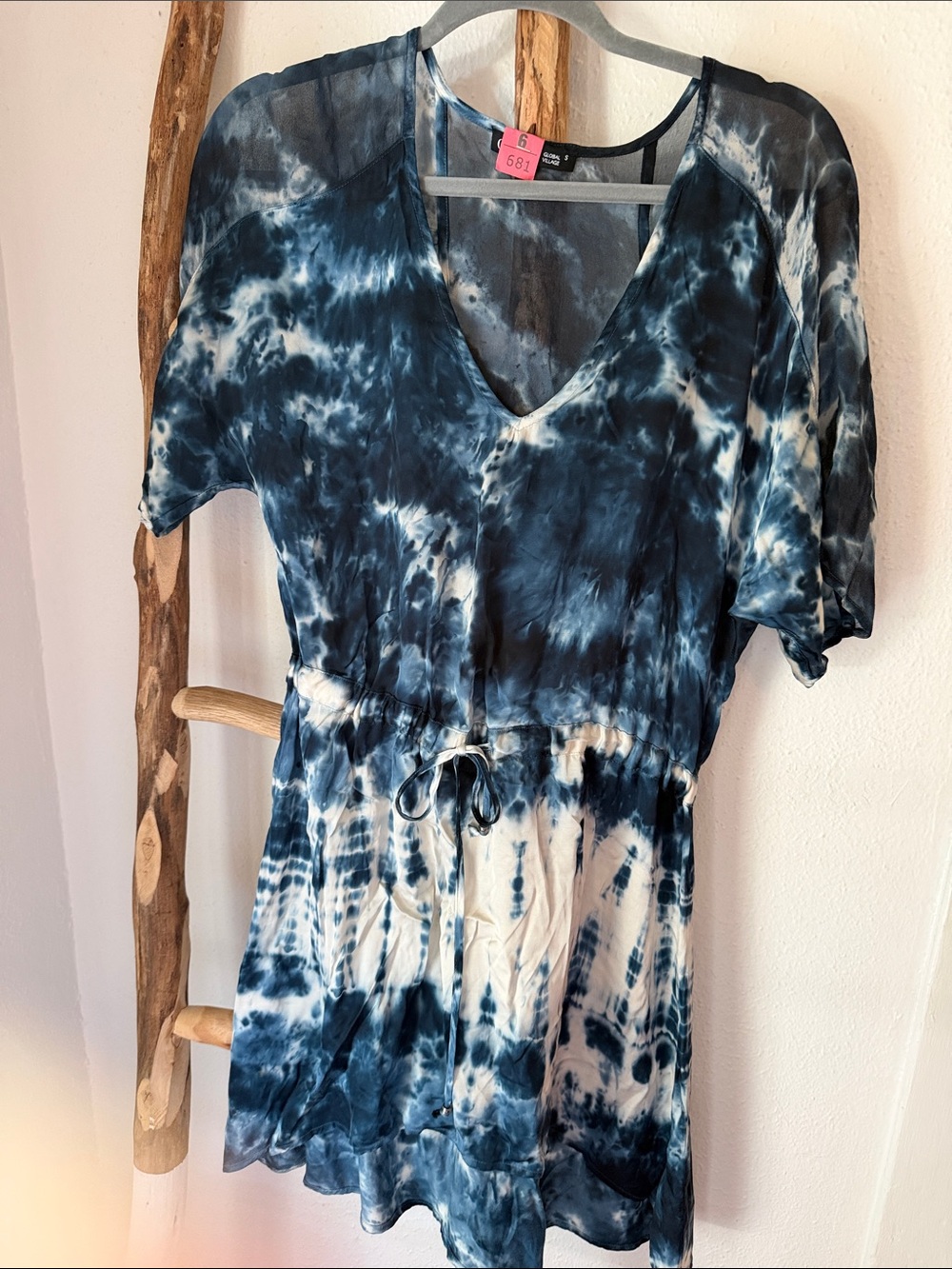 Gypsy 05 Navy and White Tie-Dye Silky Sheer Panels V-Neck Mini Dress Drawstring